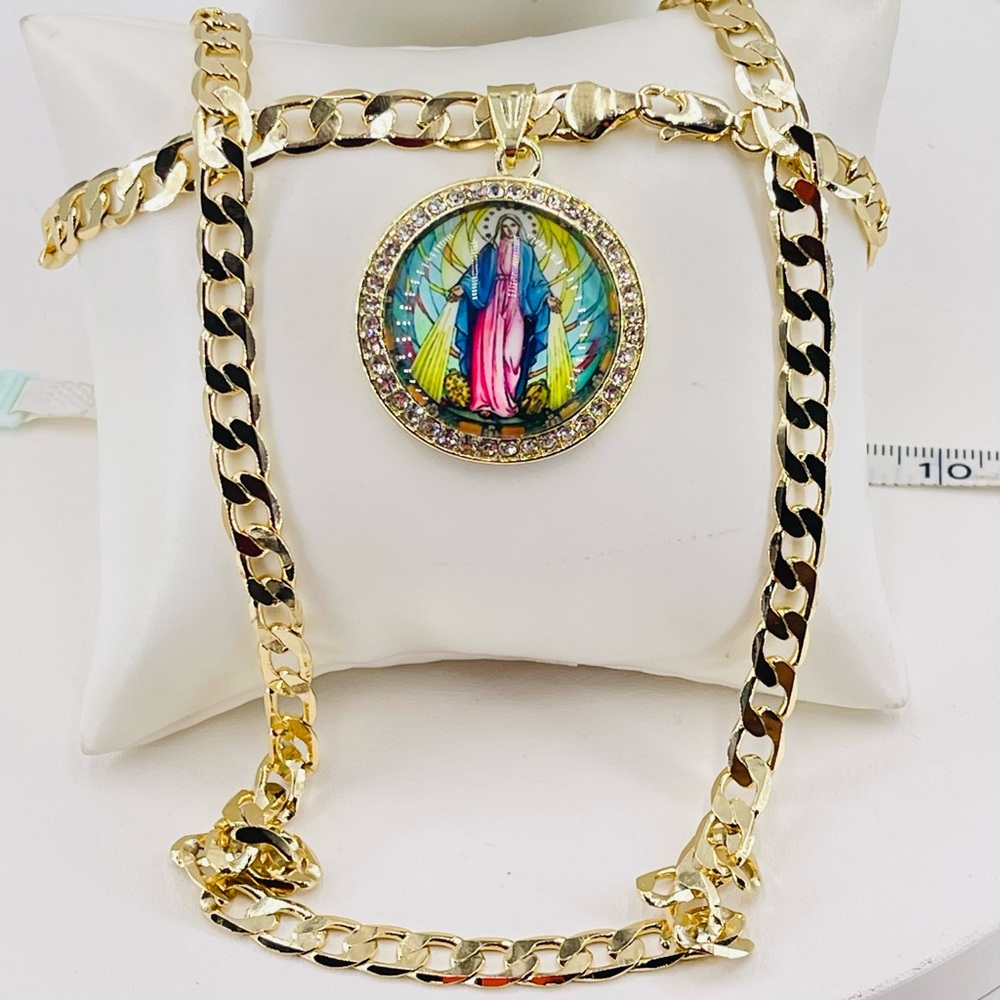 Miraculous Virgin and chain 24 inches gold Plated 14k